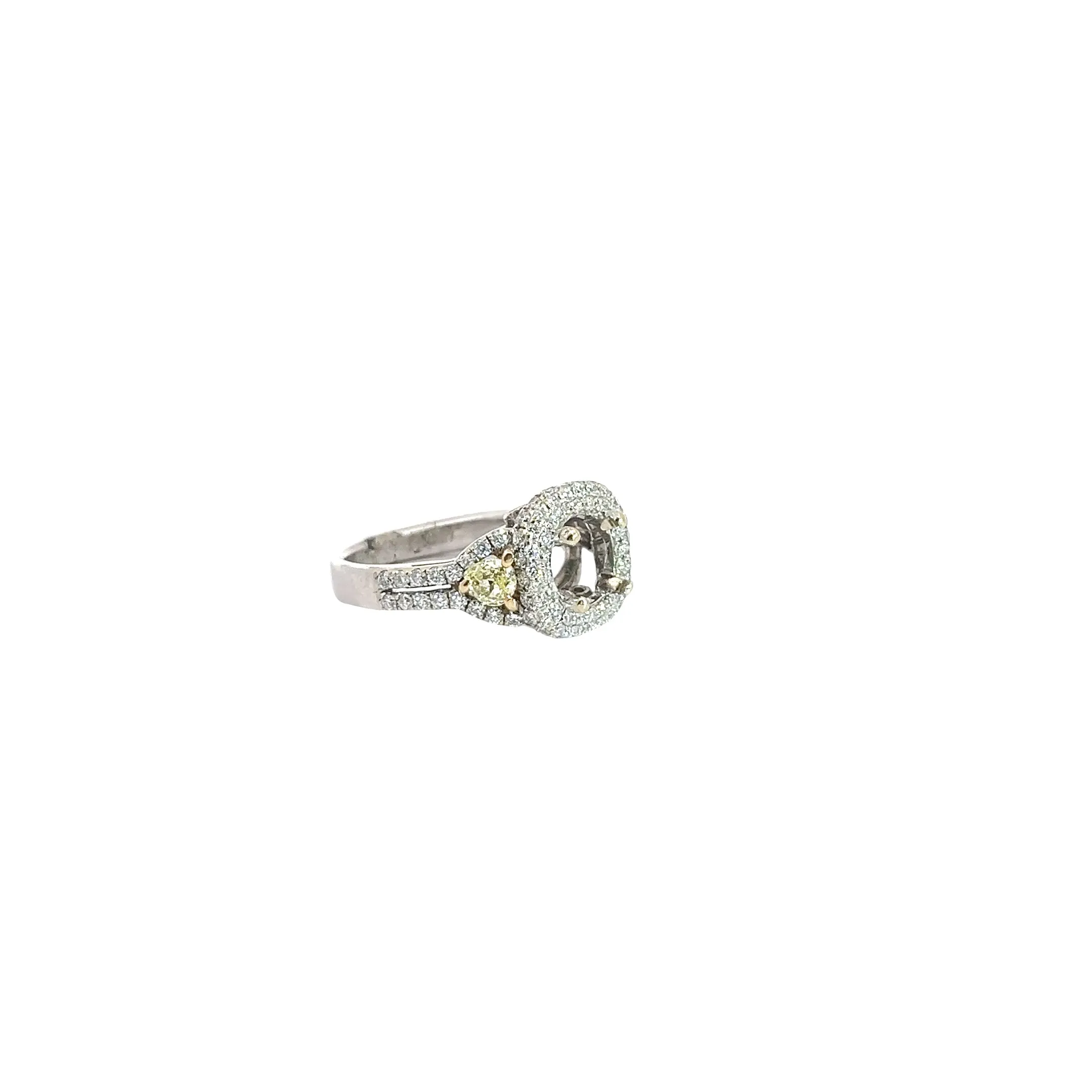 18k White Gold 1.00ct F VS2 Round diamond and .40ct (2) Trillion Yellow Diamond Semi Mount Ring