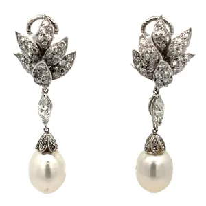 18k White Gold 1.25ct G VS2 Round Diamond and Freshwater White 16mm Pearl Drop earrings