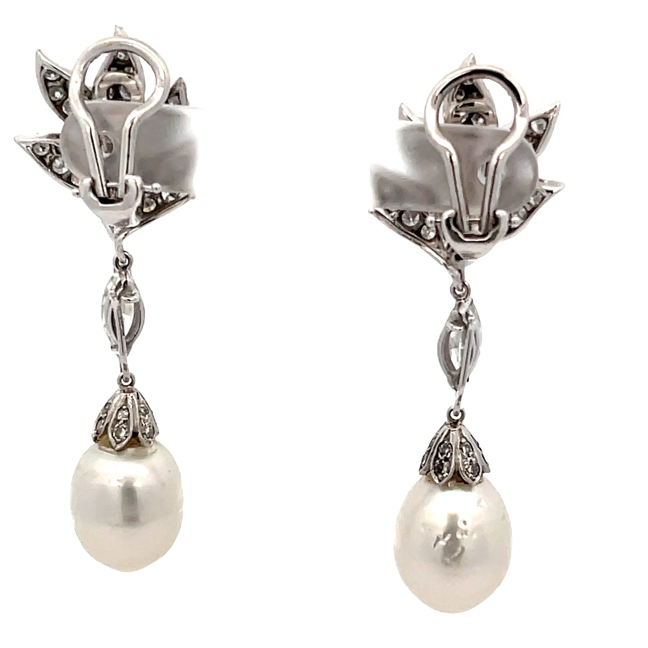 18k White Gold 1.25ct G VS2 Round Diamond and Freshwater White 16mm Pearl Drop earrings