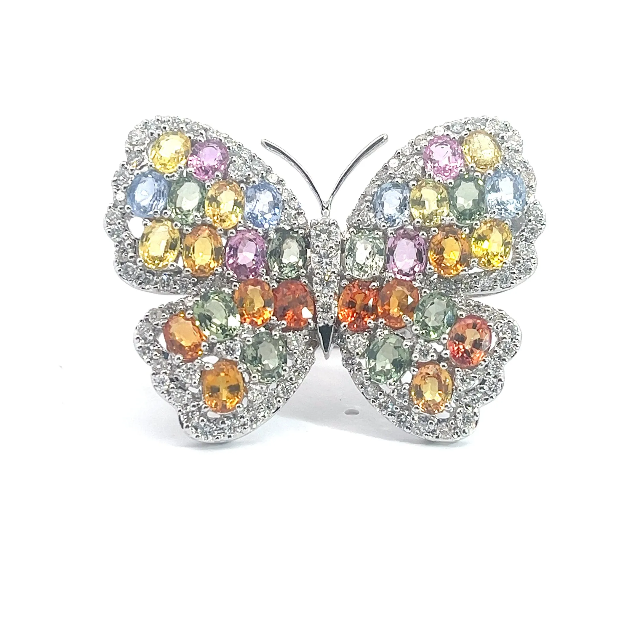 18k White Gold 13.42ct Multi Color Sapphire and 2.00ct E VS2 Round Diamond Large Butterfly Ring