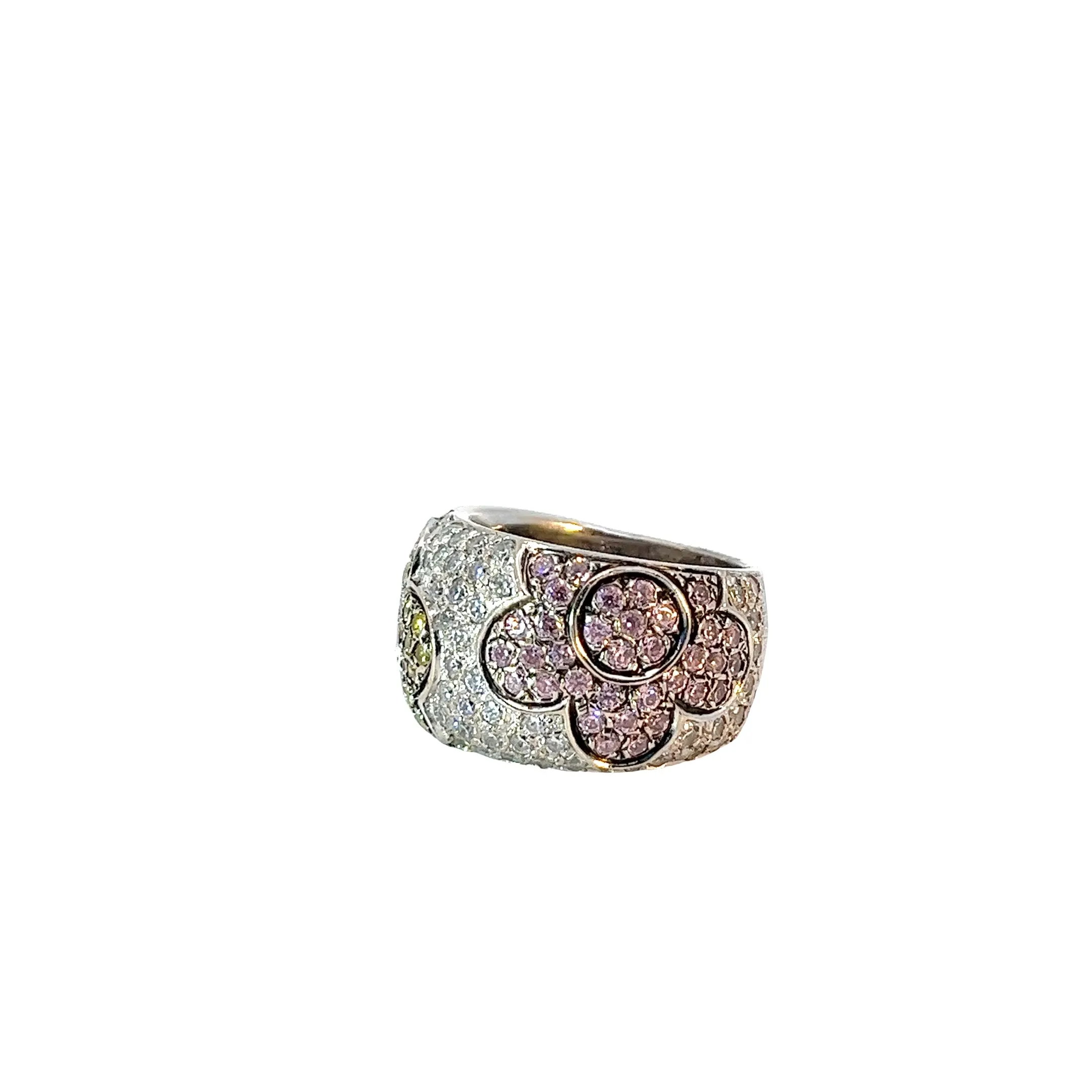 18k White Gold 2.00ct Pink and Yellow Round total weight Sapphire and surround by 1.35ct G VS2 Round Diamond Ring Diamond ring