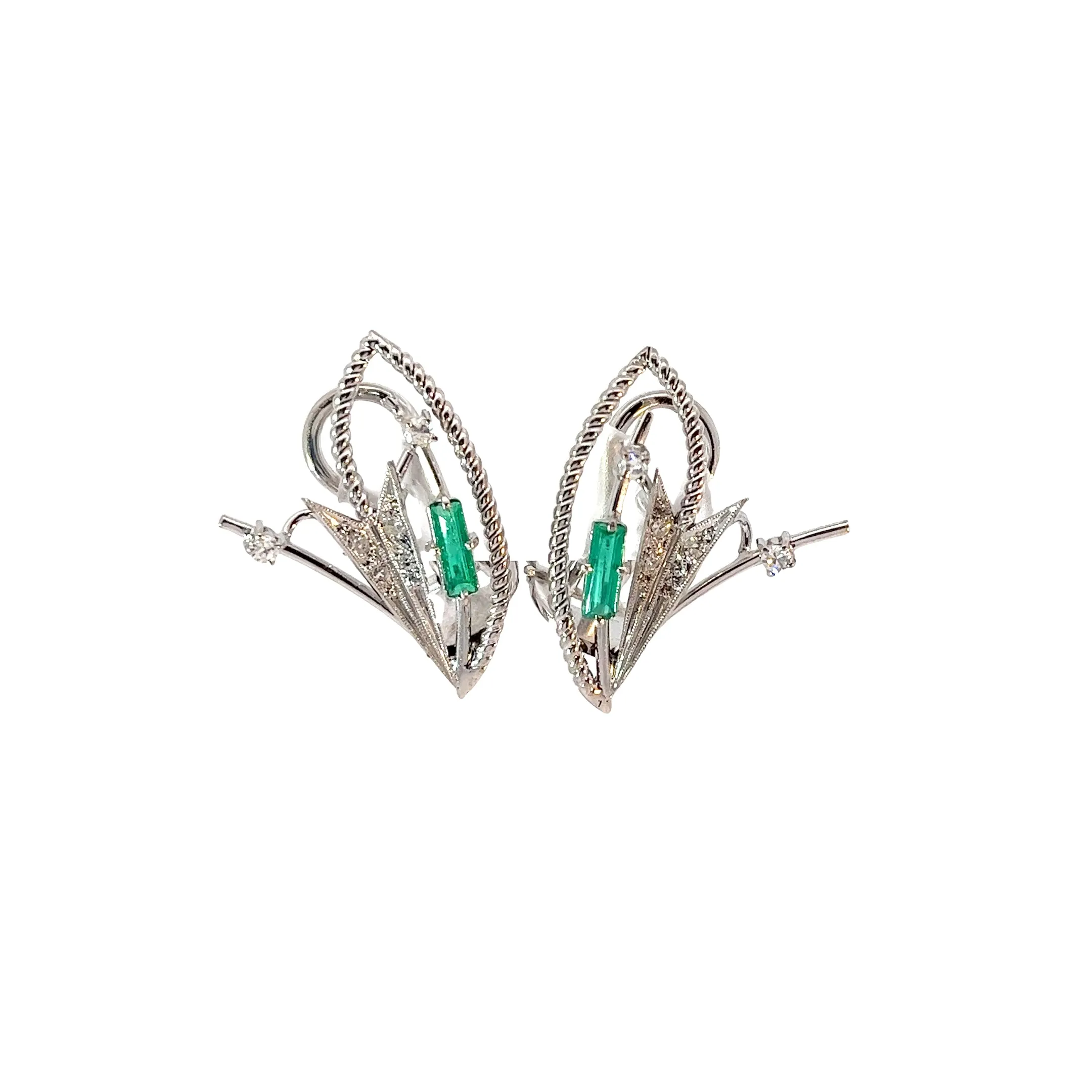 18K WHITE GOLD .30CT BAGUETTE COLOMBIAN EMERALD /.30CT G SI1 ROUND DIAMOND VINTAGE EARRING
