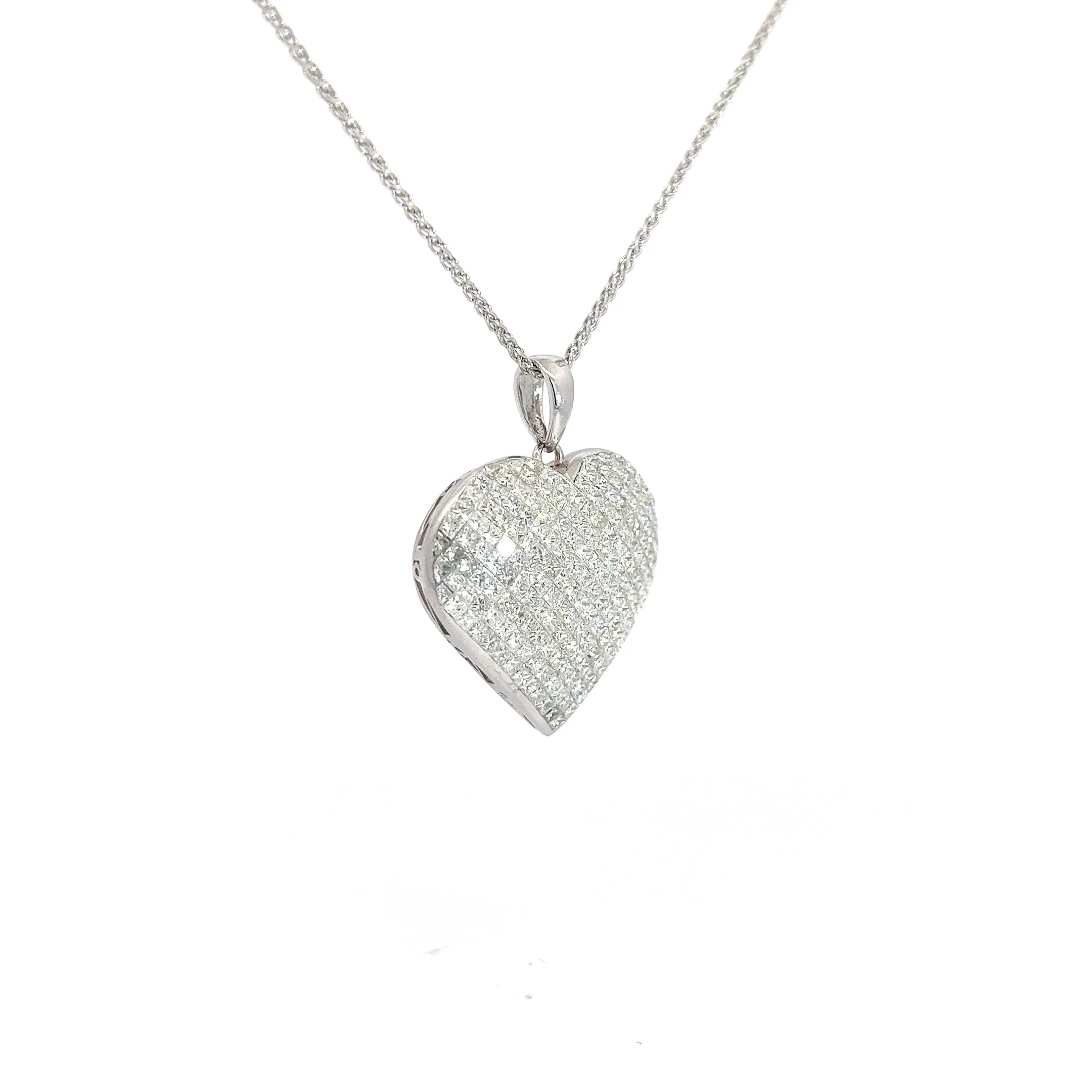 18k White Gold 4.00ct F VS2 Domed Princess Cut Invisible Set 1" Heart Pendant