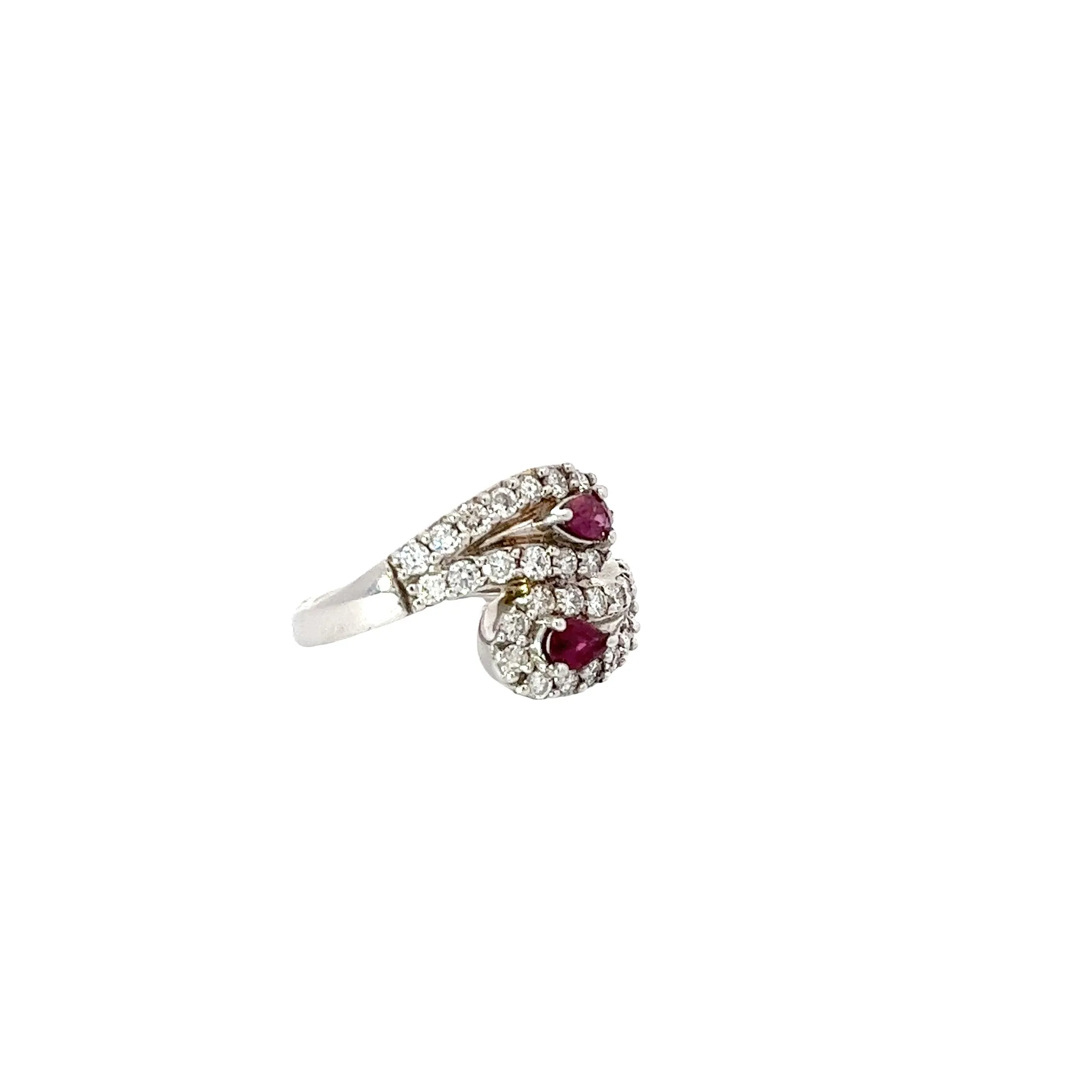 18k white Gold .40ct Pear Shaped  AA Ruby and 1.00ct G VS2 Round Diamond ring