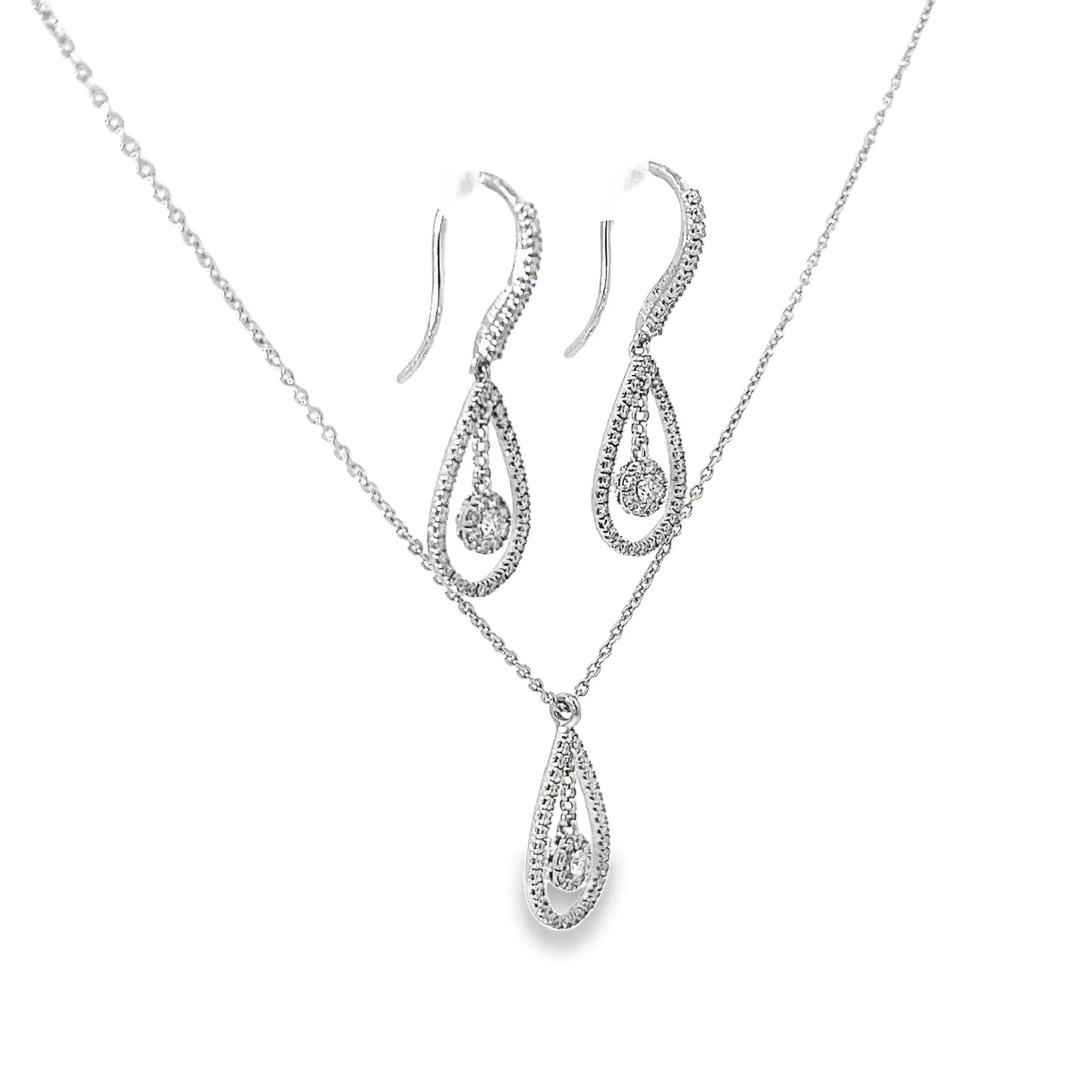 18k WHITE GOLD .75CT F VS2 PEAR SHAPE AND DIAMOND CLUSTER EARRING AND PENDANT