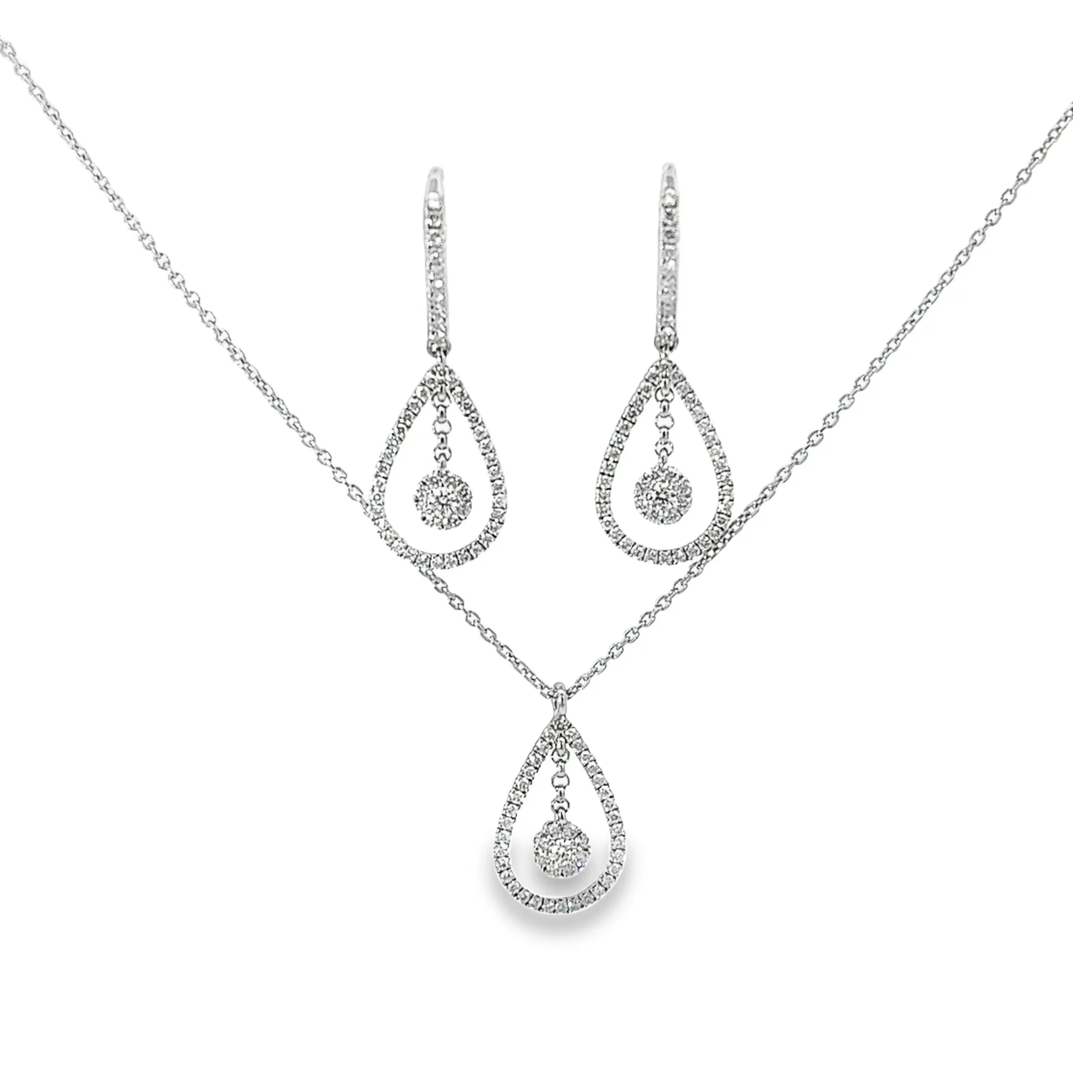 18k WHITE GOLD .75CT F VS2 PEAR SHAPE AND DIAMOND CLUSTER EARRING AND PENDANT