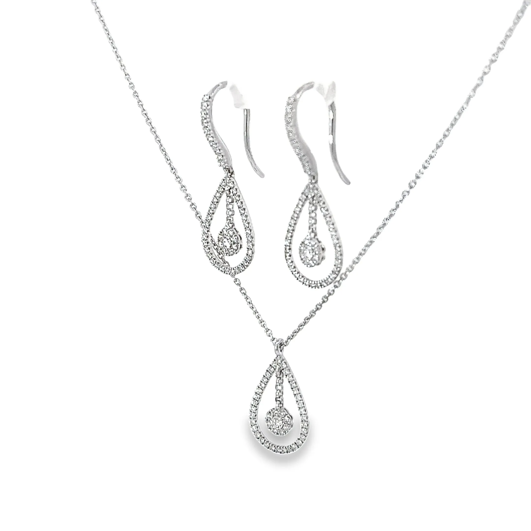 18k WHITE GOLD .75CT F VS2 PEAR SHAPE AND DIAMOND CLUSTER EARRING AND PENDANT