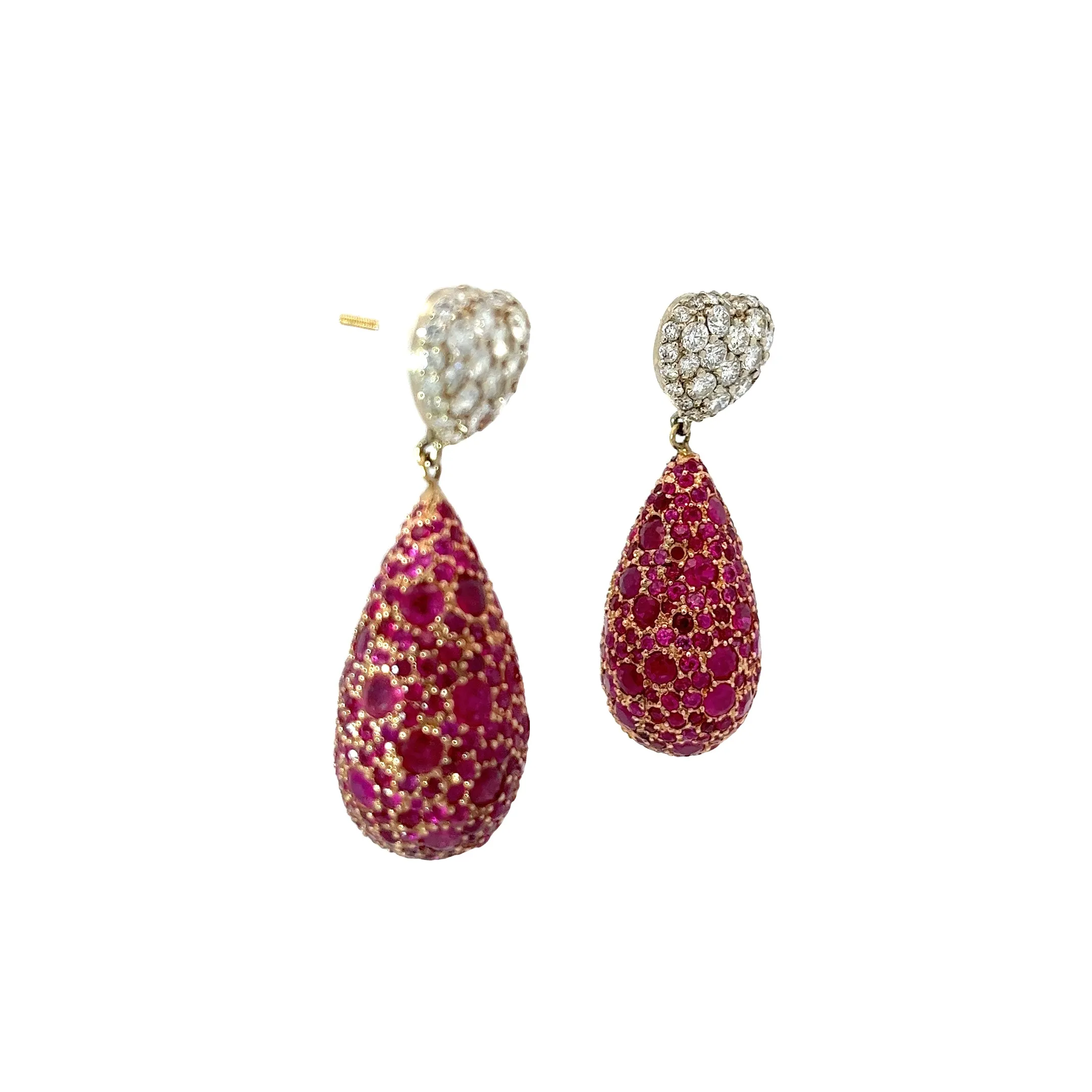 18k Yellow Gold 8.00ct Round Ruby and 2.35ct F VS2 Round Dangle Vintage Earrings