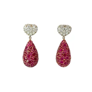 18k Yellow Gold 8.00ct Round Ruby and 2.35ct F VS2 Round Dangle Vintage Earrings