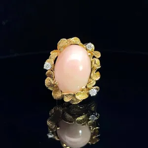 18K Yellow Gold Vintage 20 gram Approx. 22 x 15 Natural Coral / .25ct F VS2 Round Diamond  Ring