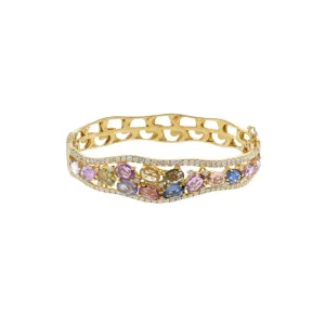 18KT Yellow Gold Multi Colored Sapphire And Diamond Bangle