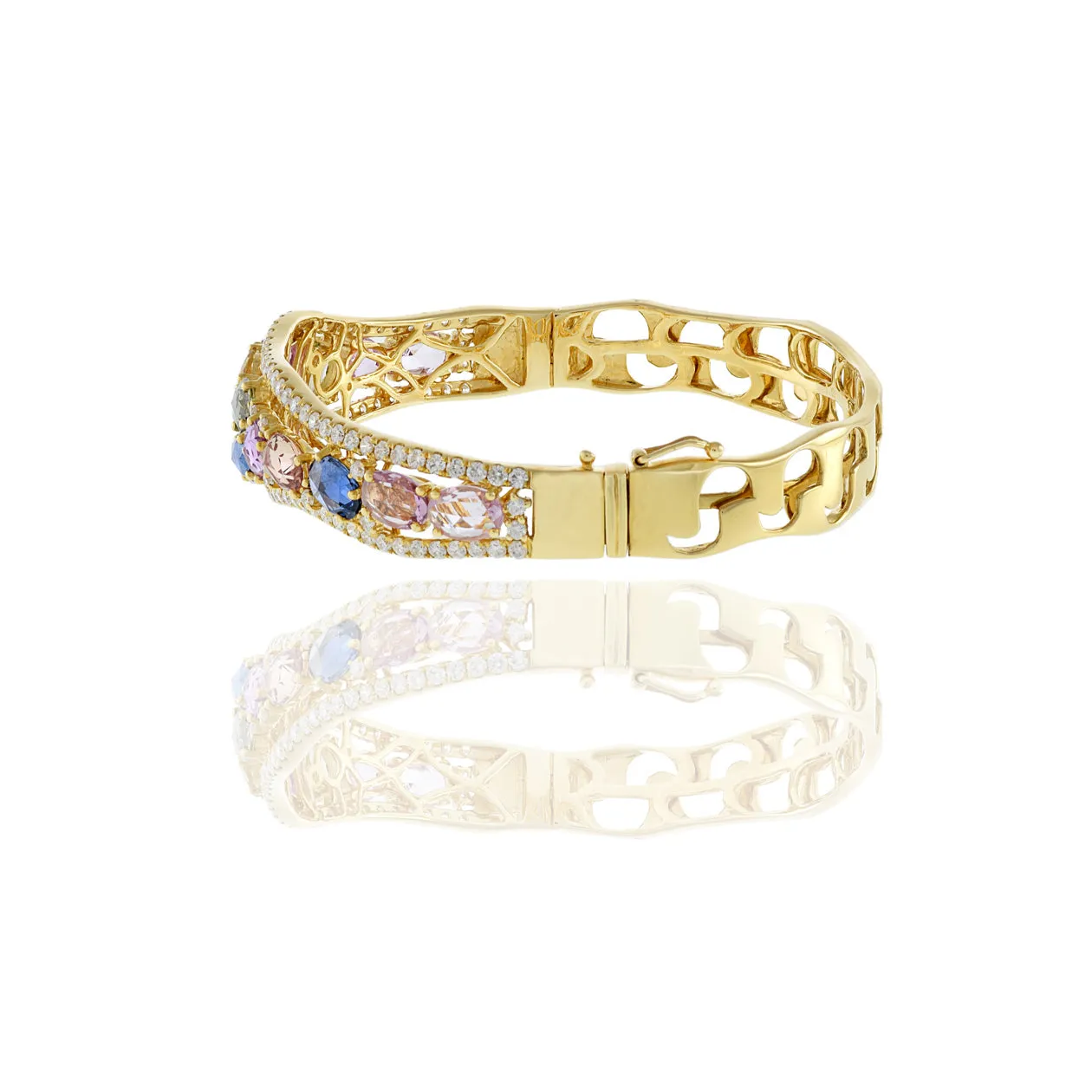 18KT Yellow Gold Multi Colored Sapphire And Diamond Bangle