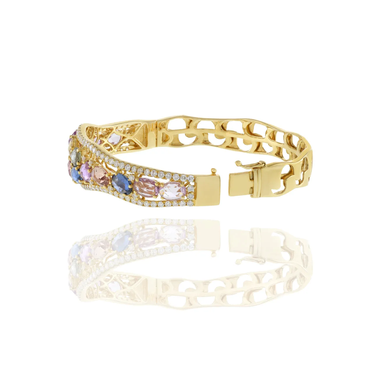 18KT Yellow Gold Multi Colored Sapphire And Diamond Bangle