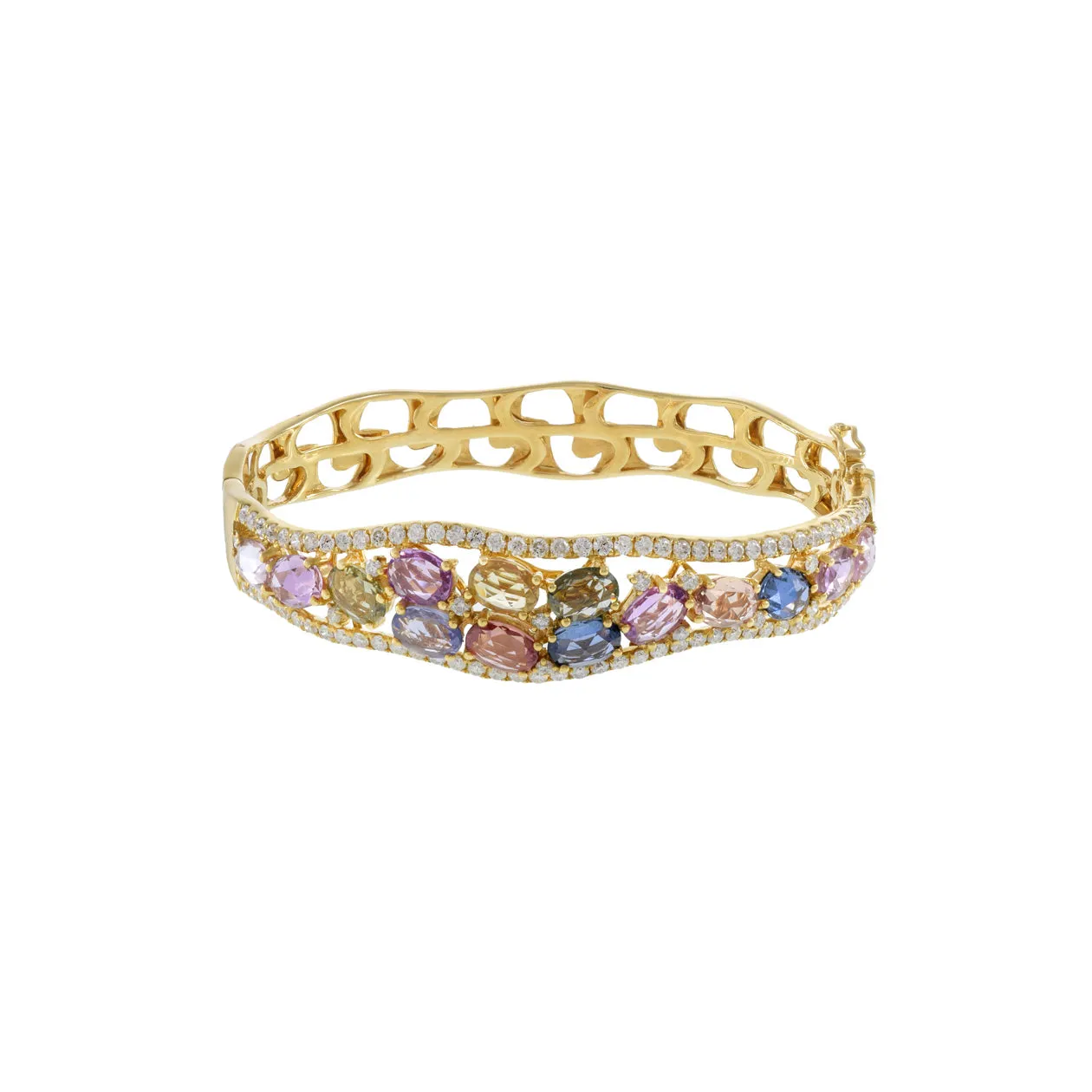 18KT Yellow Gold Multi Colored Sapphire And Diamond Bangle