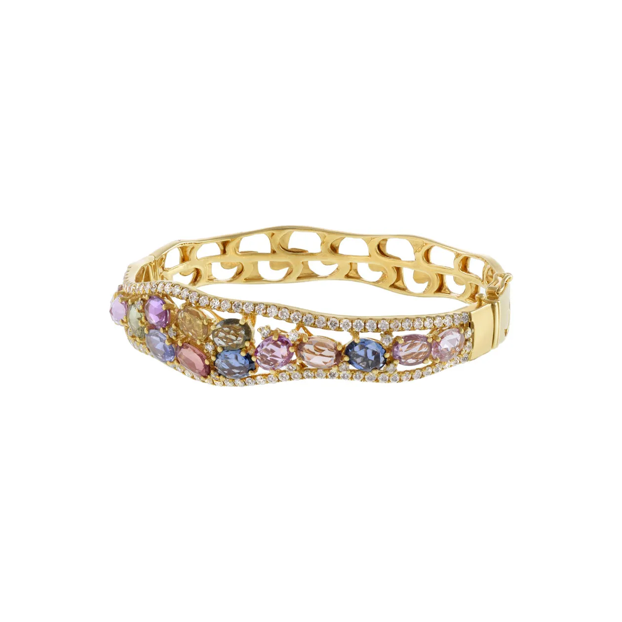 18KT Yellow Gold Multi Colored Sapphire And Diamond Bangle