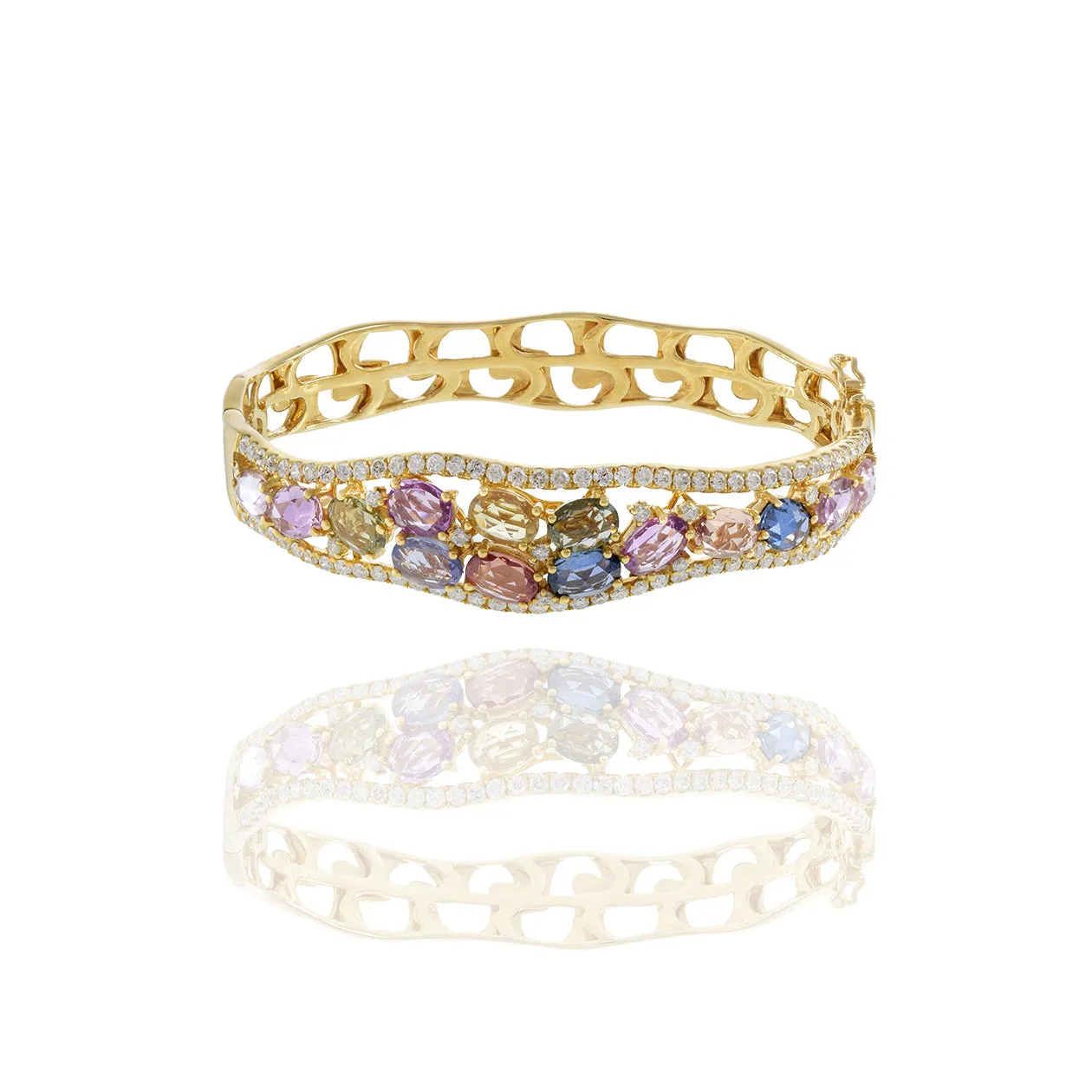 18KT Yellow Gold Multi Colored Sapphire And Diamond Bangle
