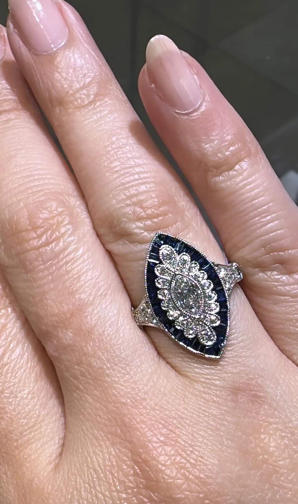1.90CT TW Marquise Shape Sapphire and Diamond Art-Deco Style Ring