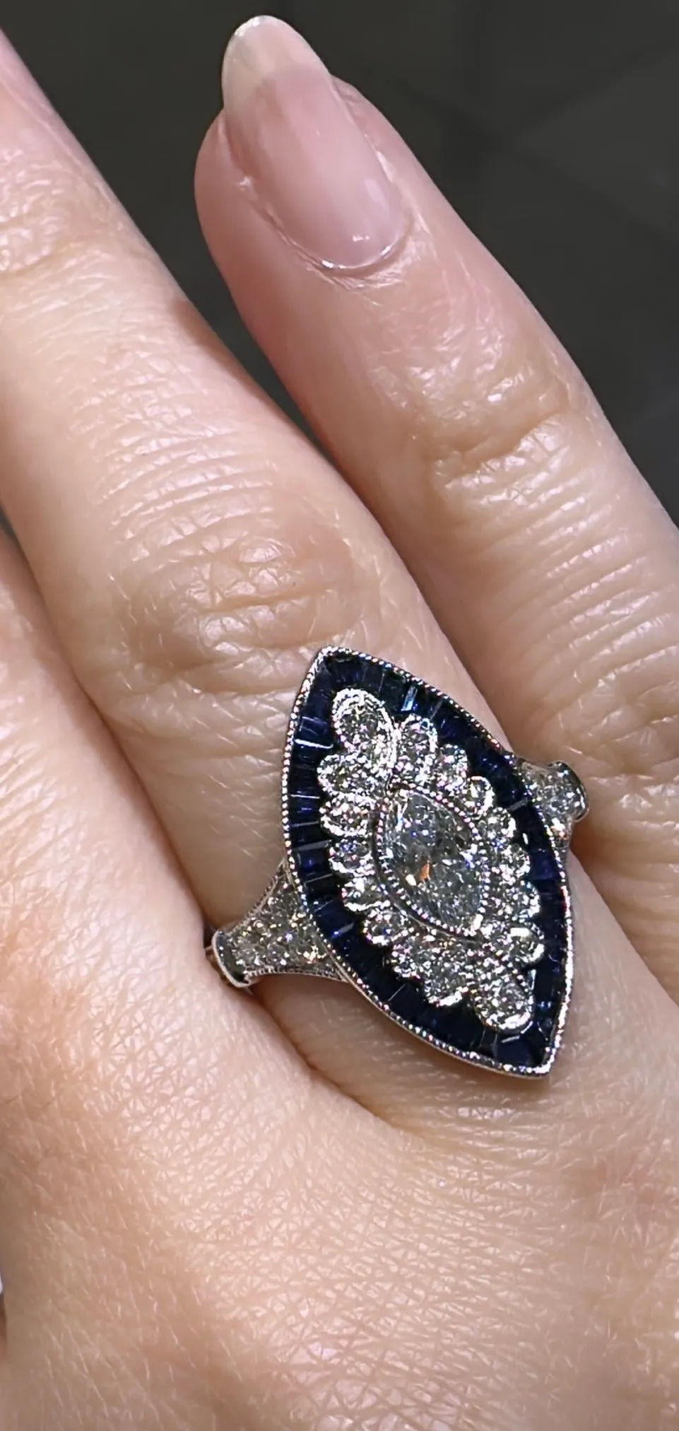 1.90CT TW Marquise Shape Sapphire and Diamond Art-Deco Style Ring