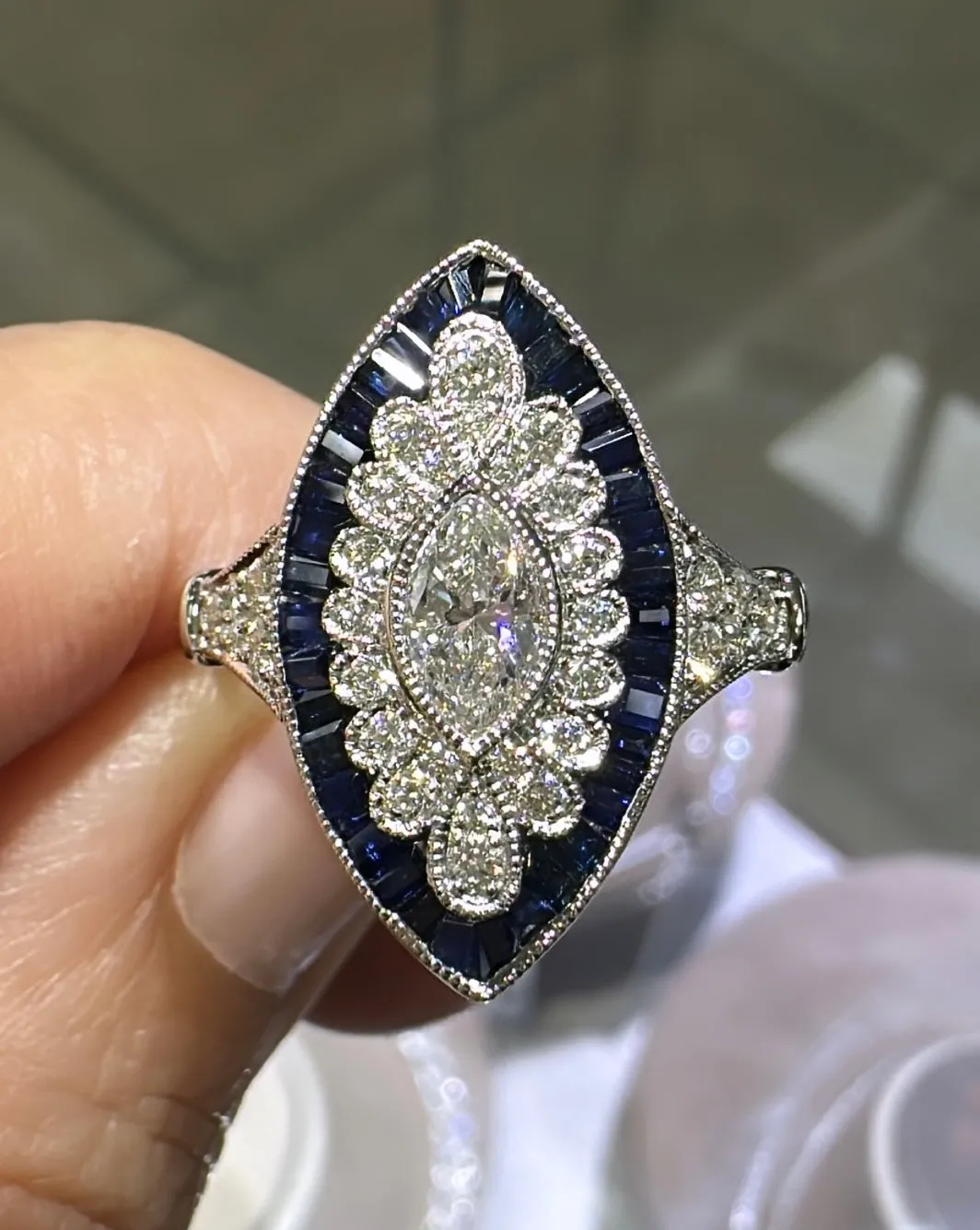 1.90CT TW Marquise Shape Sapphire and Diamond Art-Deco Style Ring