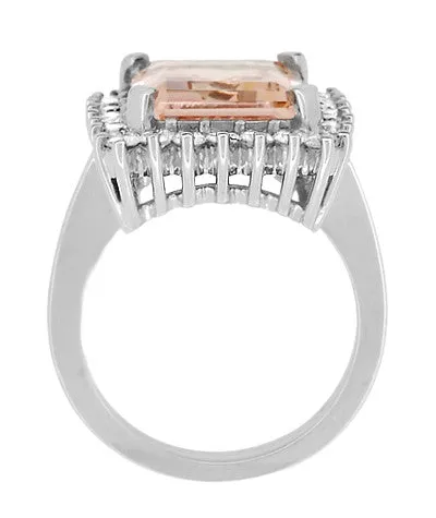 1950's Retro Ballerina Emerald Cut Morganite Ring with Diamonds in 18 Karat White Gold