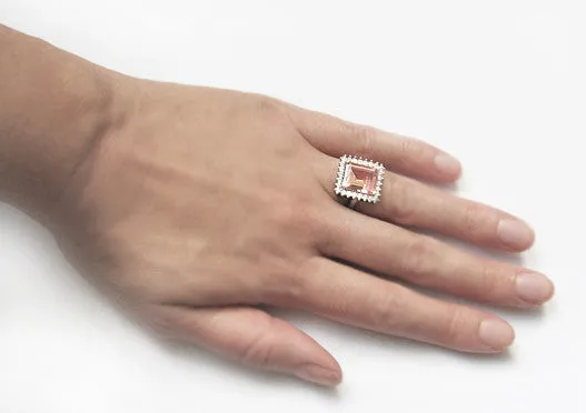 1950's Retro Ballerina Emerald Cut Morganite Ring with Diamonds in 18 Karat White Gold