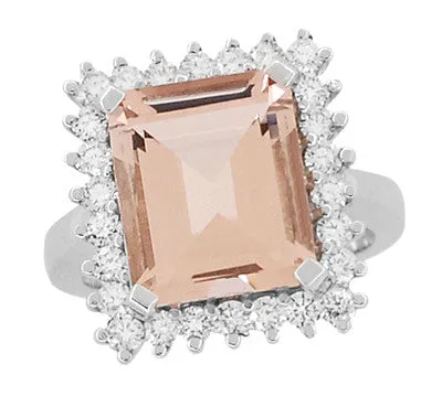 1950's Retro Ballerina Emerald Cut Morganite Ring with Diamonds in 18 Karat White Gold
