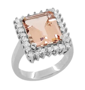 1950's Retro Ballerina Emerald Cut Morganite Ring with Diamonds in 18 Karat White Gold