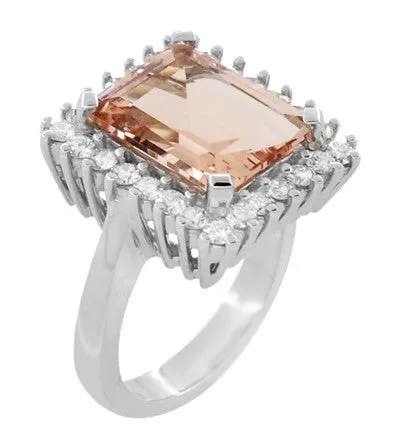 1950's Retro Ballerina Emerald Cut Morganite Ring with Diamonds in 18 Karat White Gold