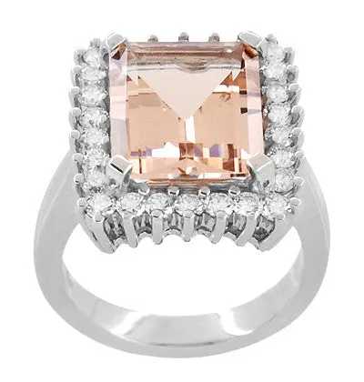 1950's Retro Ballerina Emerald Cut Morganite Ring with Diamonds in 18 Karat White Gold