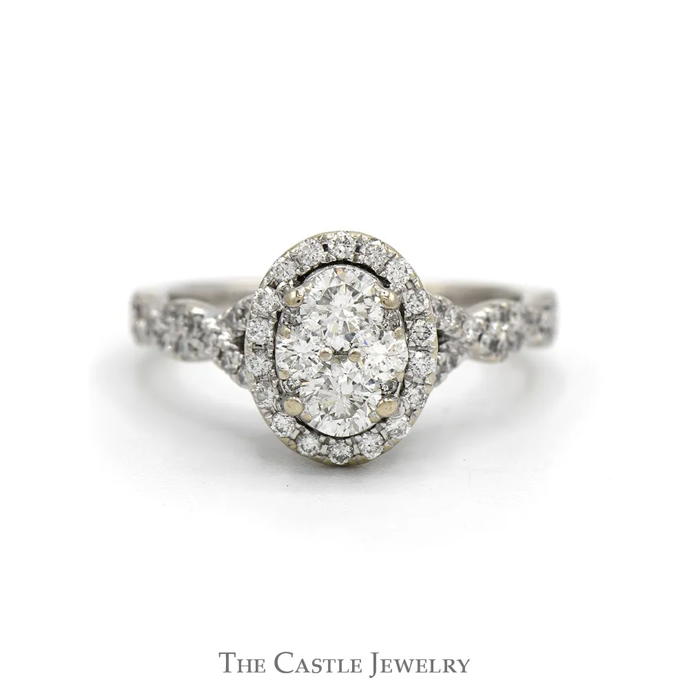 1cttw Oval Shaped Diamond Cluster Engagement Ring with Diamond Halo and Accented Twisted Sides in 14k White Gold
