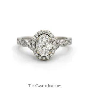1cttw Oval Shaped Diamond Cluster Engagement Ring with Diamond Halo and Accented Twisted Sides in 14k White Gold