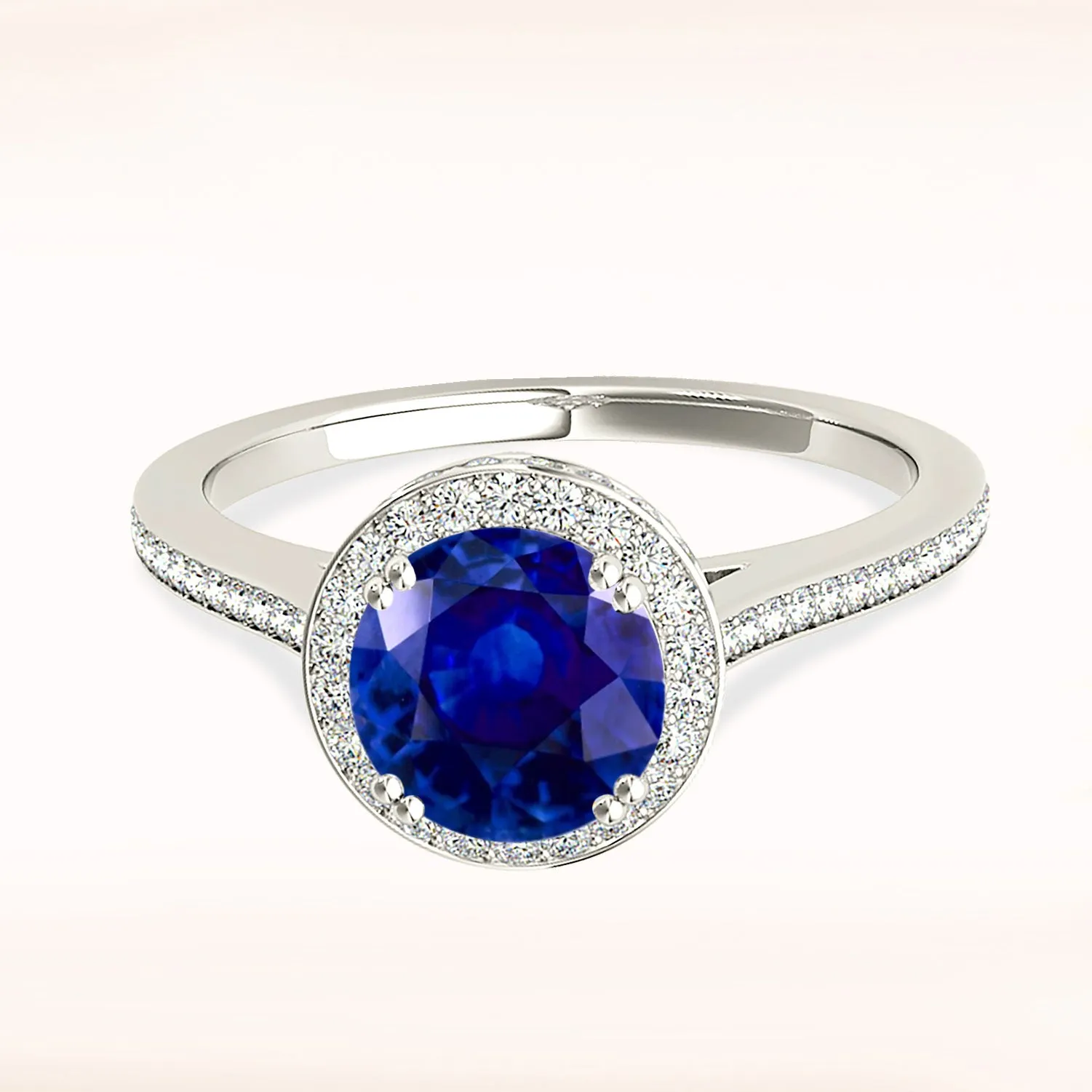 2.40 ct. Genuine Blue Sapphire Halo Ring with Side Diamonds