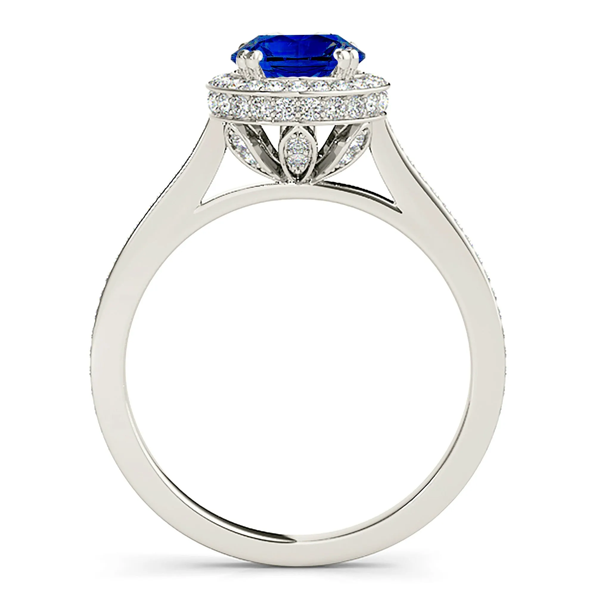 2.40 ct. Genuine Blue Sapphire Halo Ring with Side Diamonds