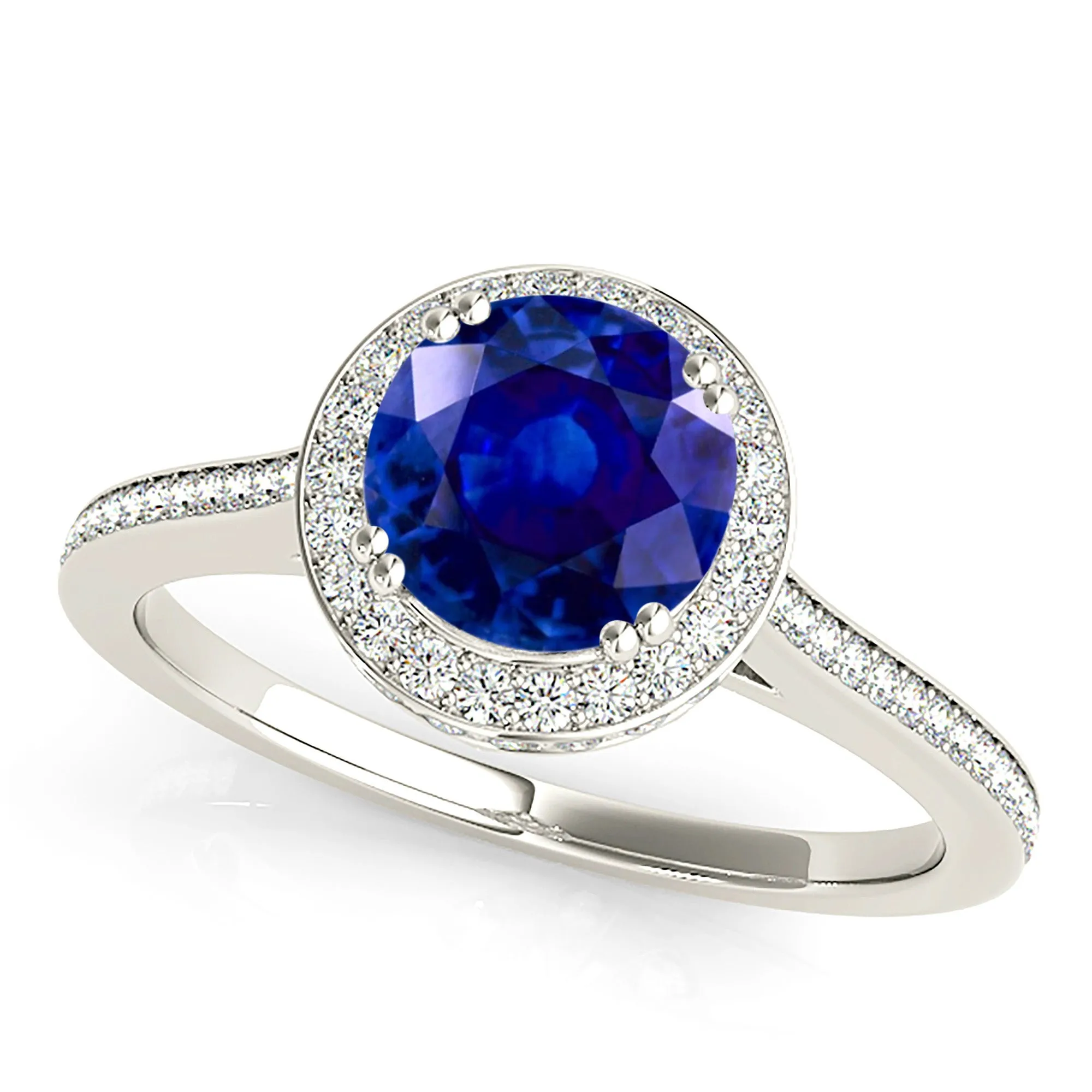 2.40 ct. Genuine Blue Sapphire Halo Ring with Side Diamonds