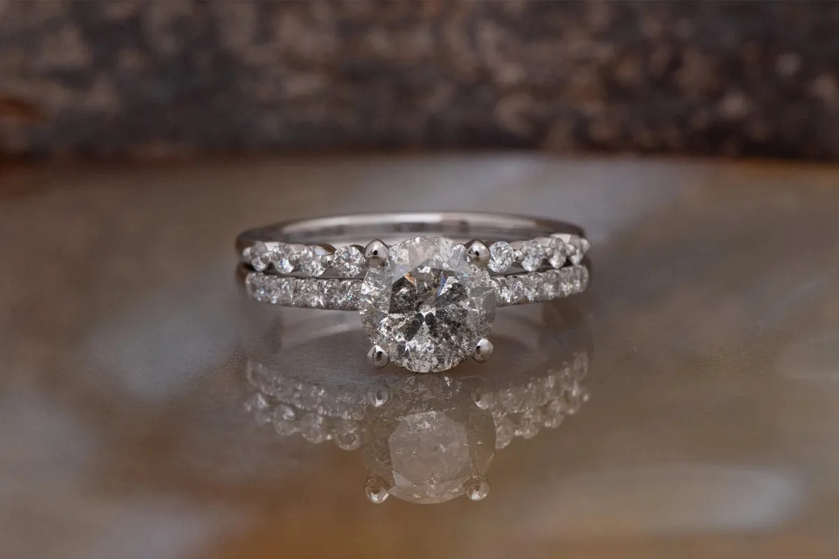 3.15 ct Salt and Pepper diamond engagement ring - 14k 18K White Gold
