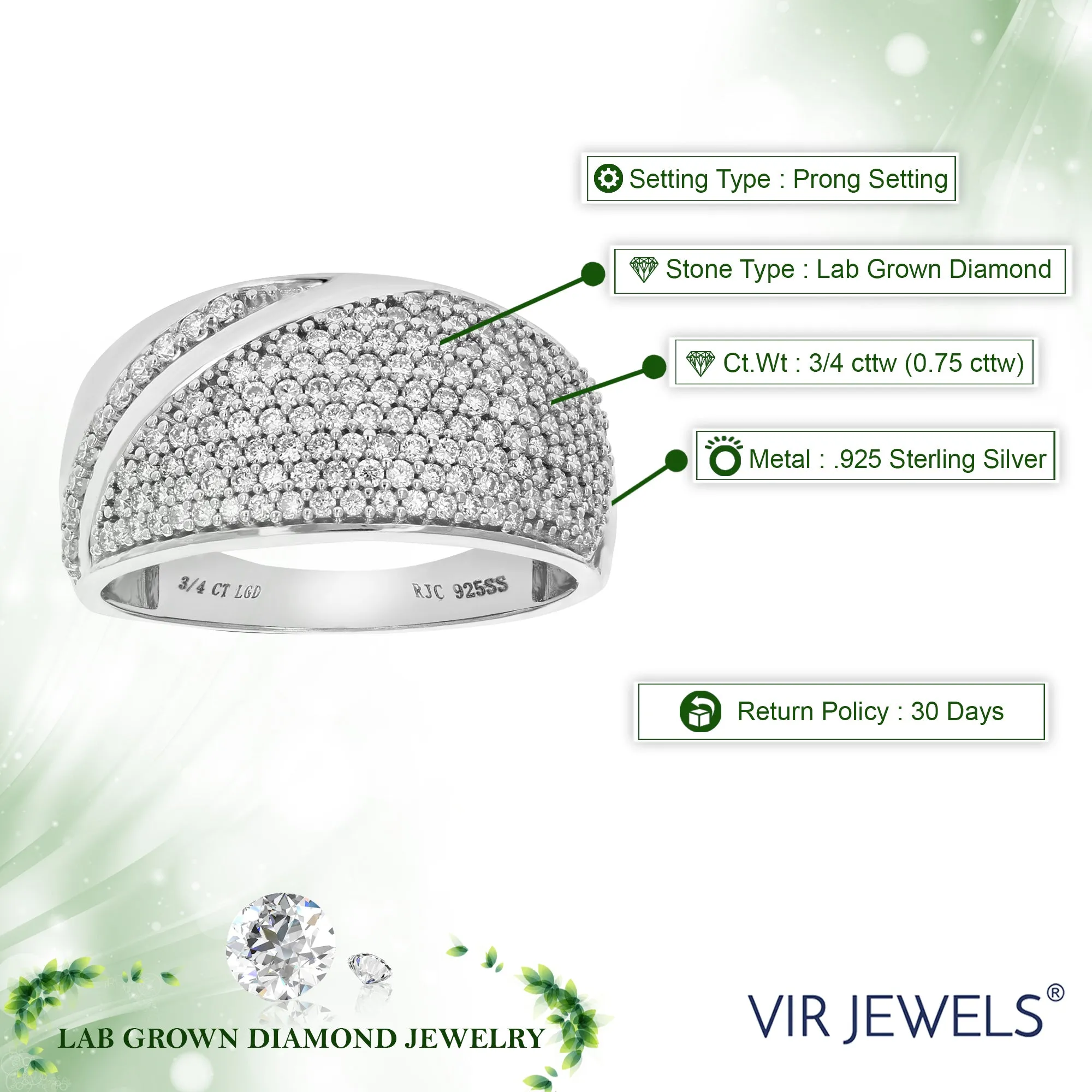 3/4 cttw Lab Grown Diamond Dome Wedding Band in Sterling Silver