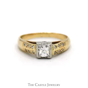 3/4cttw Tension Set Princess Cut Diamond Engagement Ring with Accented Sides in 14k Yellow Gold