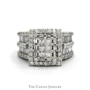 3cttw Invisiset Princess Cut Cluster Ring with Baguette Cut Double Diamond Halo and Accented Sides in 14k White Gold