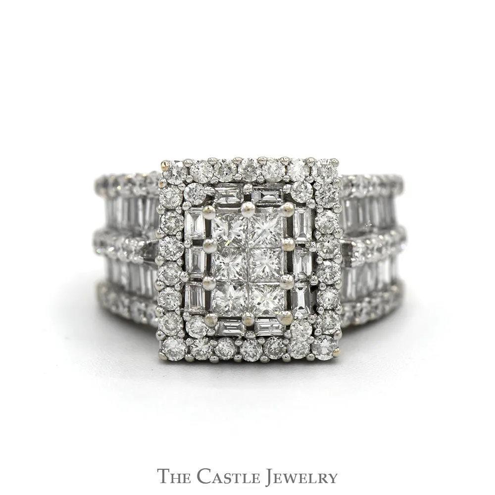 3cttw Invisiset Princess Cut Cluster Ring with Baguette Cut Double Diamond Halo and Accented Sides in 14k White Gold