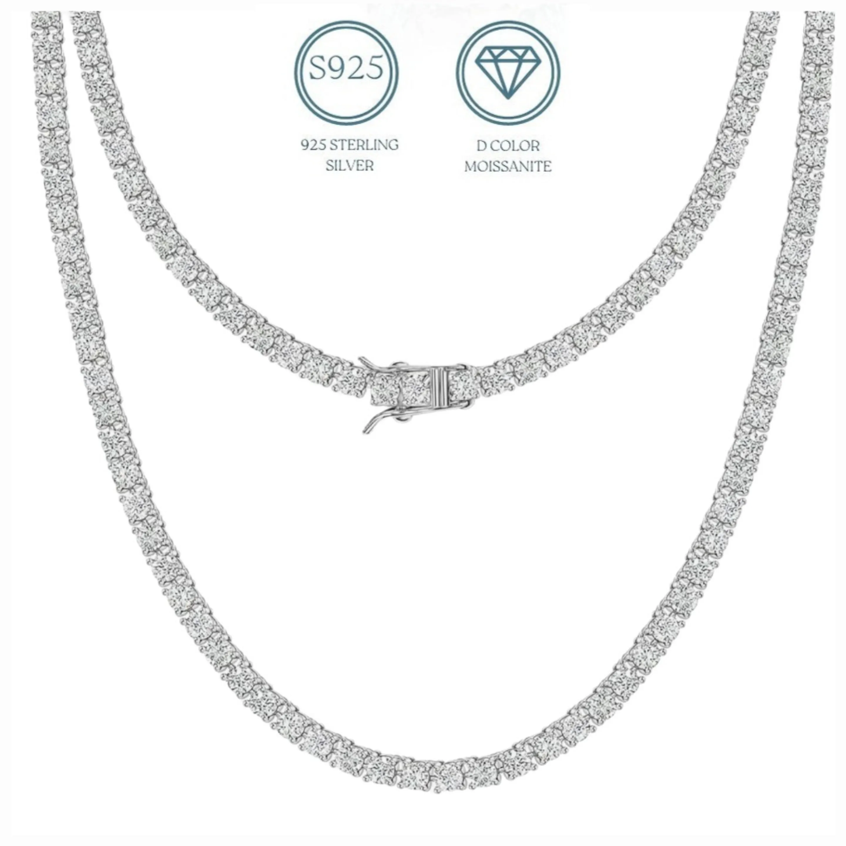 925 Silver Round Moissanite Tennis Necklace 3mm Chain Iced Out - M500069