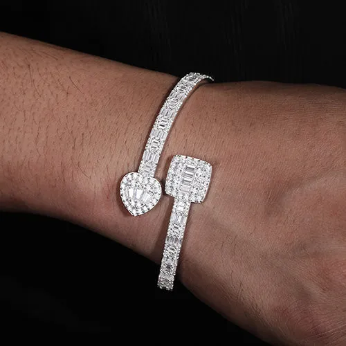 925 Sterling Silver Moissanite Heart & Square prominent Bangle Bracelet - M300059