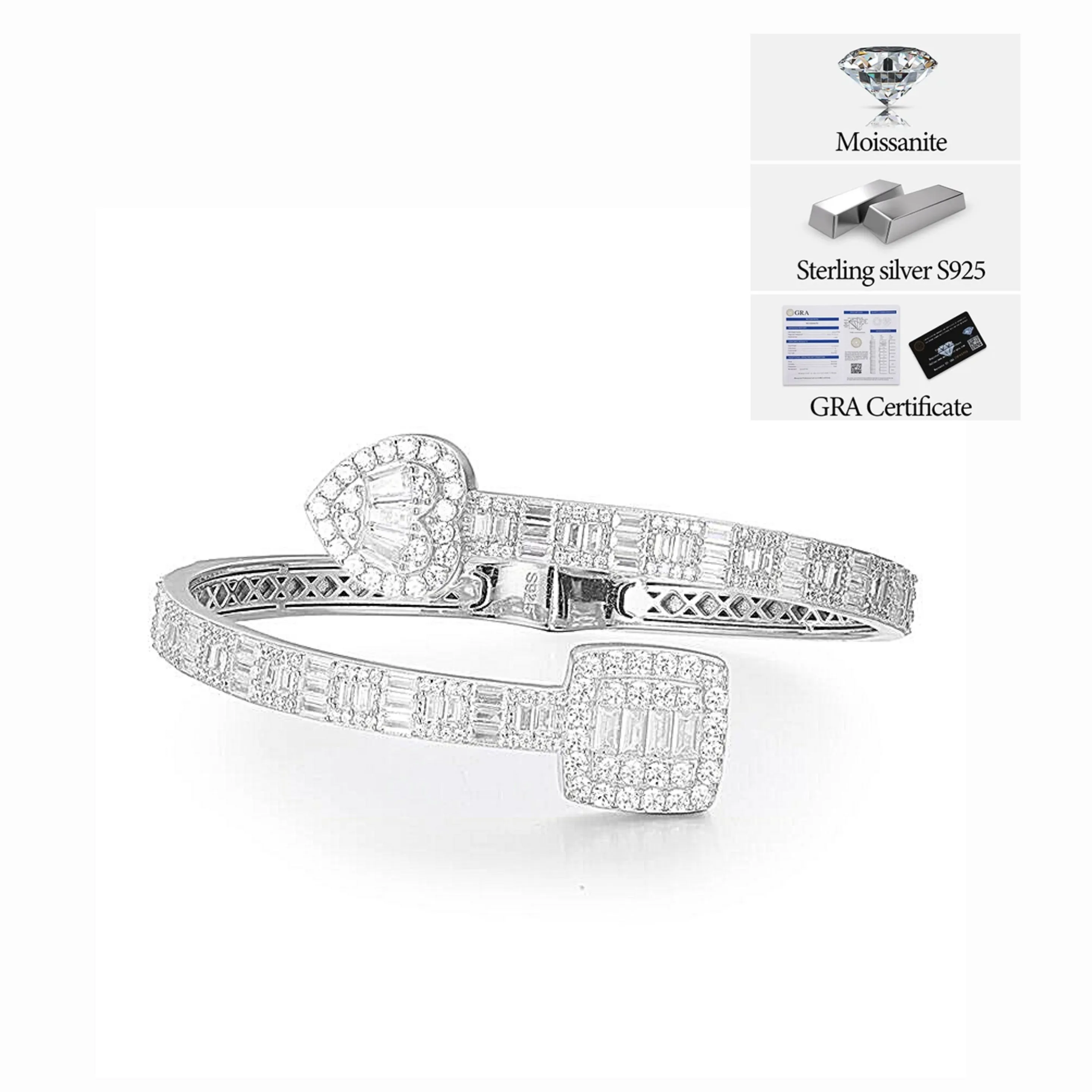 925 Sterling Silver Moissanite Heart & Square prominent Bangle Bracelet - M300059