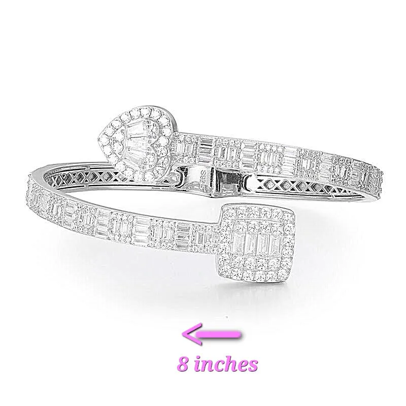 925 Sterling Silver Moissanite Heart & Square prominent Bangle Bracelet - M300059