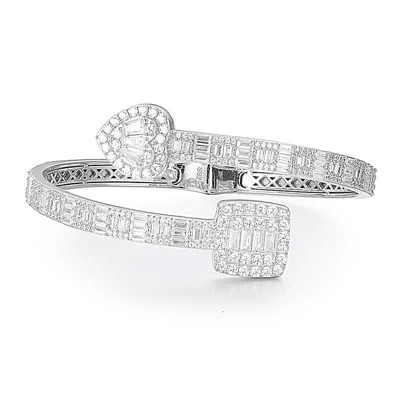925 Sterling Silver Moissanite Heart & Square prominent Bangle Bracelet - M300059