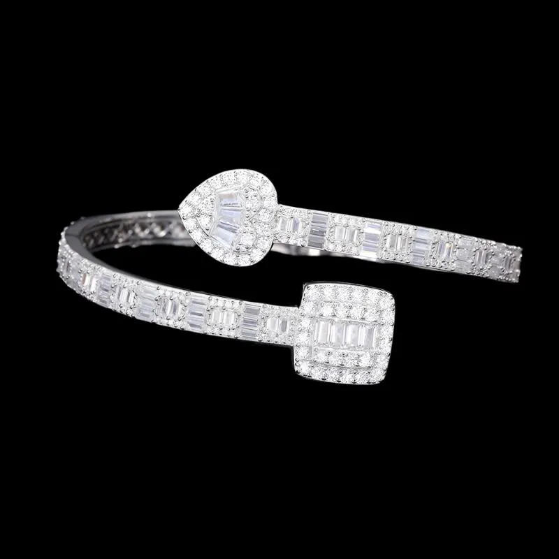 925 Sterling Silver Moissanite Heart & Square prominent Bangle Bracelet - M300059