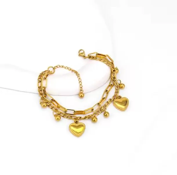 Adjustable 18K Gold Plated Heart Shaped Pendants Stainless Steel Bracelet Double Bracelet