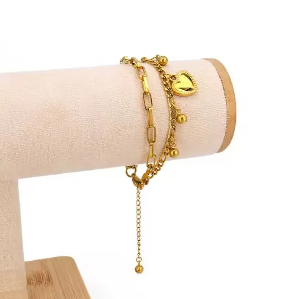 Adjustable 18K Gold Plated Heart Shaped Pendants Stainless Steel Bracelet Double Bracelet