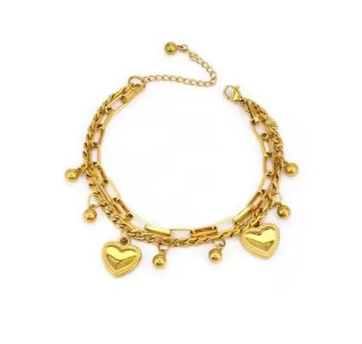 Adjustable 18K Gold Plated Heart Shaped Pendants Stainless Steel Bracelet Double Bracelet