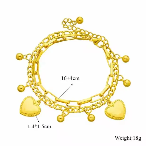 Adjustable 18K Gold Plated Heart Shaped Pendants Stainless Steel Bracelet Double Bracelet