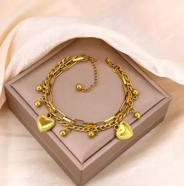 Adjustable 18K Gold Plated Heart Shaped Pendants Stainless Steel Bracelet Double Bracelet